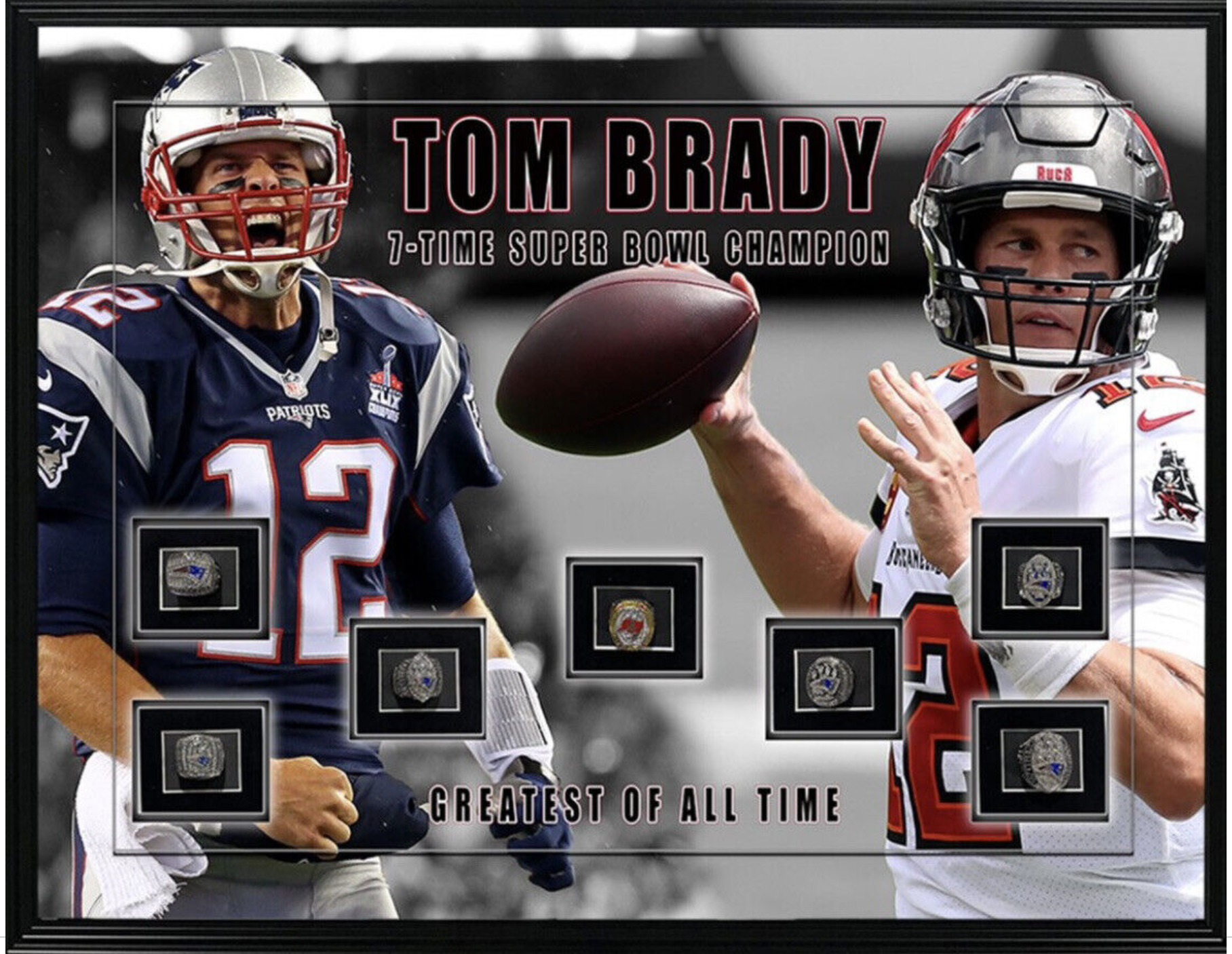 Tom Brady Framed Photo 7 Championship Rings SHADOWBOX BUCS & PATS