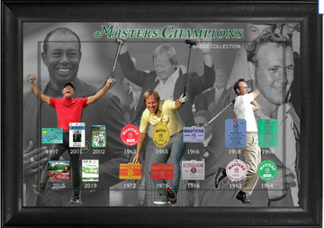 Tiger Woods Jack Nicklaus & Arnold Palmer Framed Photo w/ Replica Masters Badges