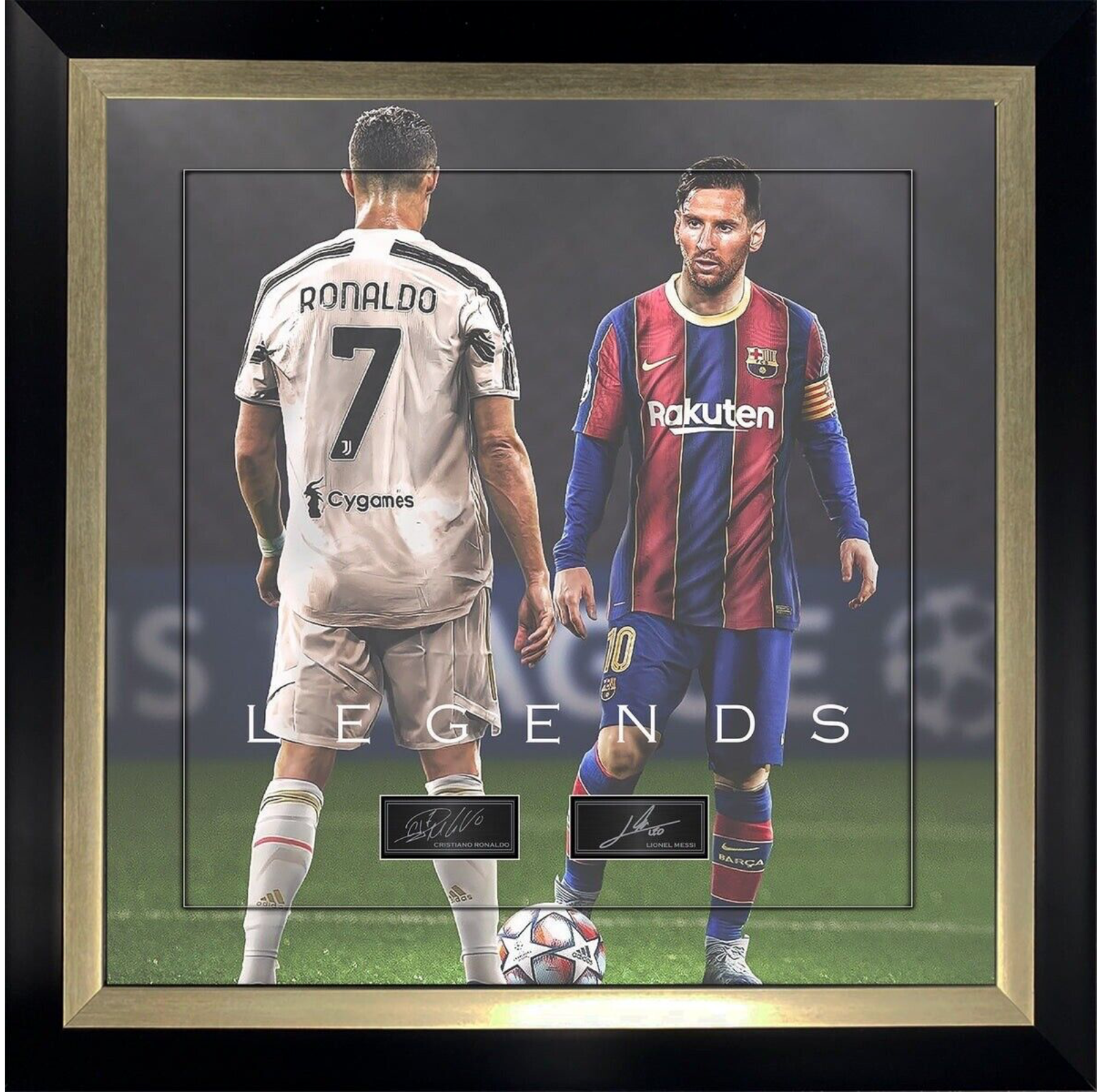 Lionel Messi & Christiano Ronaldo Framed Photo w/ Engraved Signatures Legends